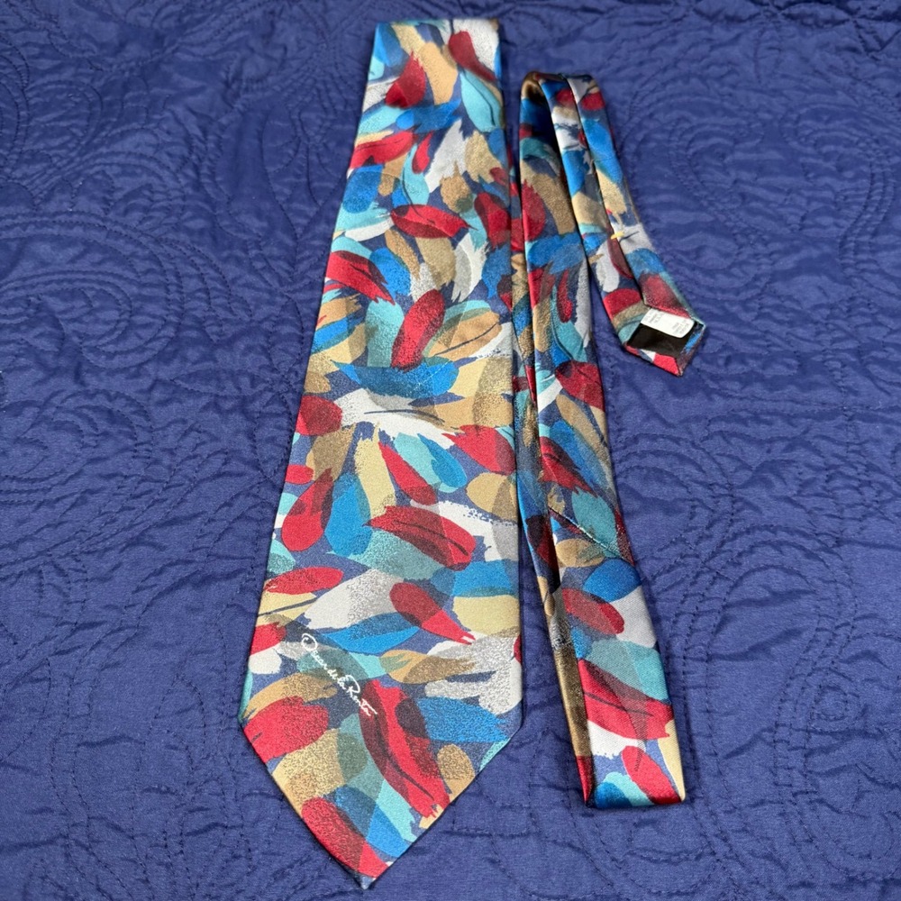 Oscar de la Renta Studio Mens Silk Tie Abstract Brushstroke Red Blue Gold USA